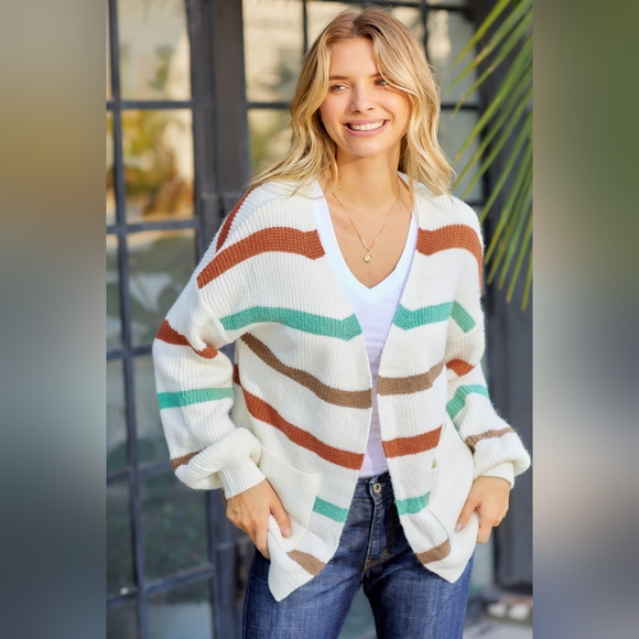 Women's Striped Open Front Dropped Shoulder Cardigan - Picture 3 of 6